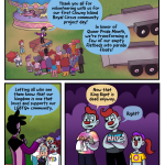 Comic page with three panels and text overlaid on it. The first panel, there is a group pf clowns gathered in front of Kingston on a stand.